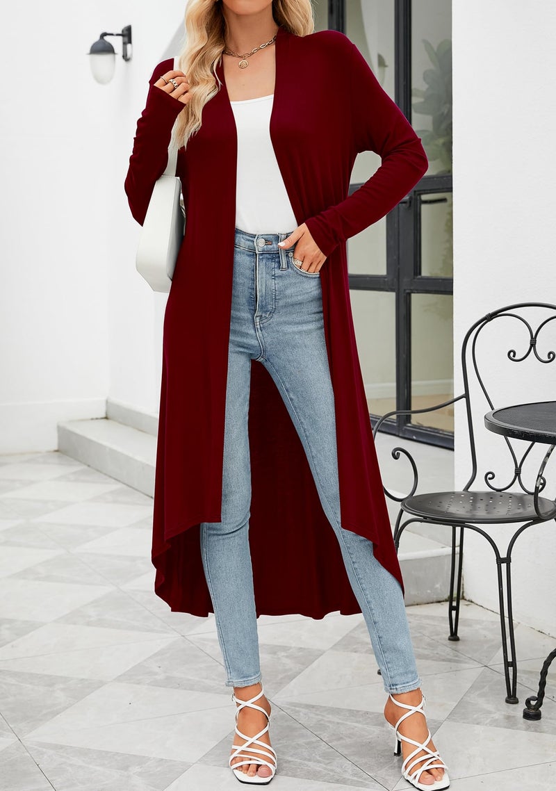 POGTMM Women's Long Open Front Drape Lightweight Duster High Low Hem Maxi Long Sleeve Cardigan (Wine Red, XL) - Image 5